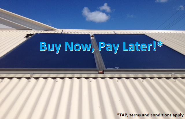 Solar hot water system panels installed on a corrugated roof in Caloundra