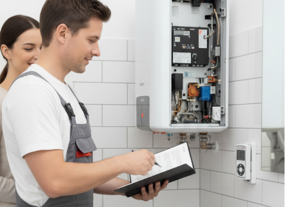 Technician working on a wall-mounted hot water system in a Caloundra home