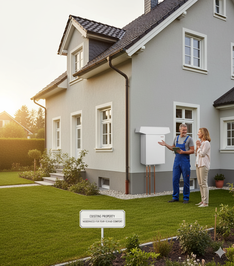 Technician describing an outdoor hot water system installation at a Caloundra residence.