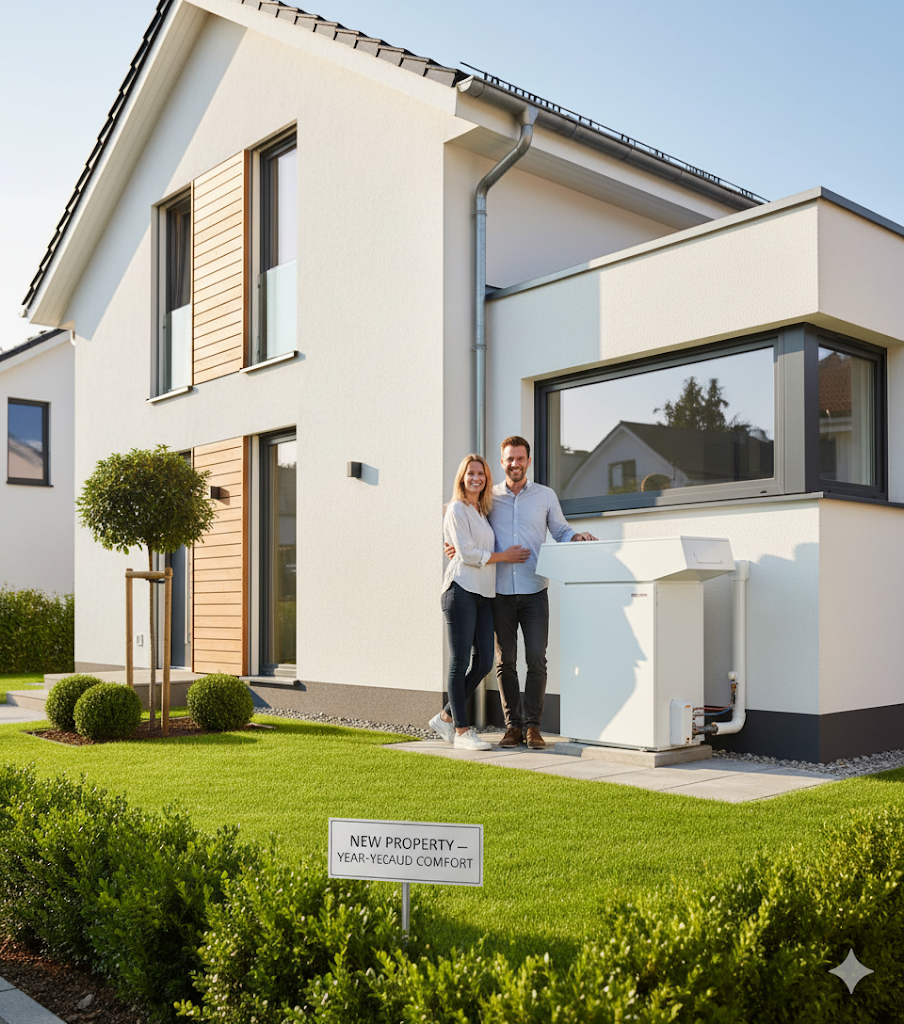 Couple standing next to an outdoor hot water system at a new Caloundra home